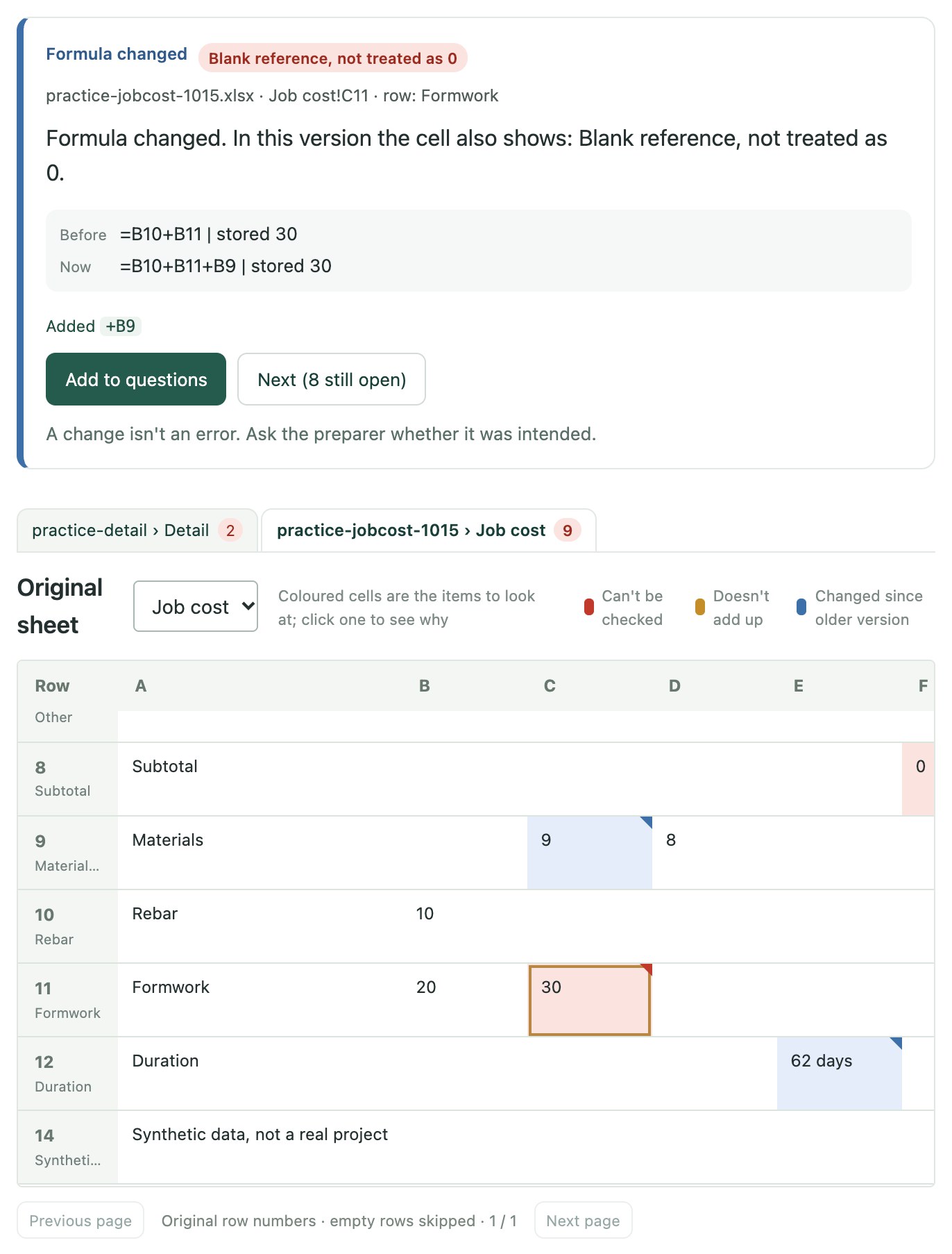 C11 changes from =B10+B11 to =B10+B11+B9, stored value 30 in both, with +B9 added and B9 blank.